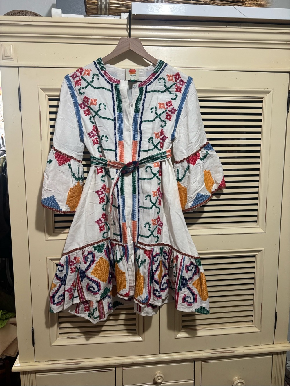 FARM Rio White Cotton Dress with Multicolor Embroidered Floral Accents